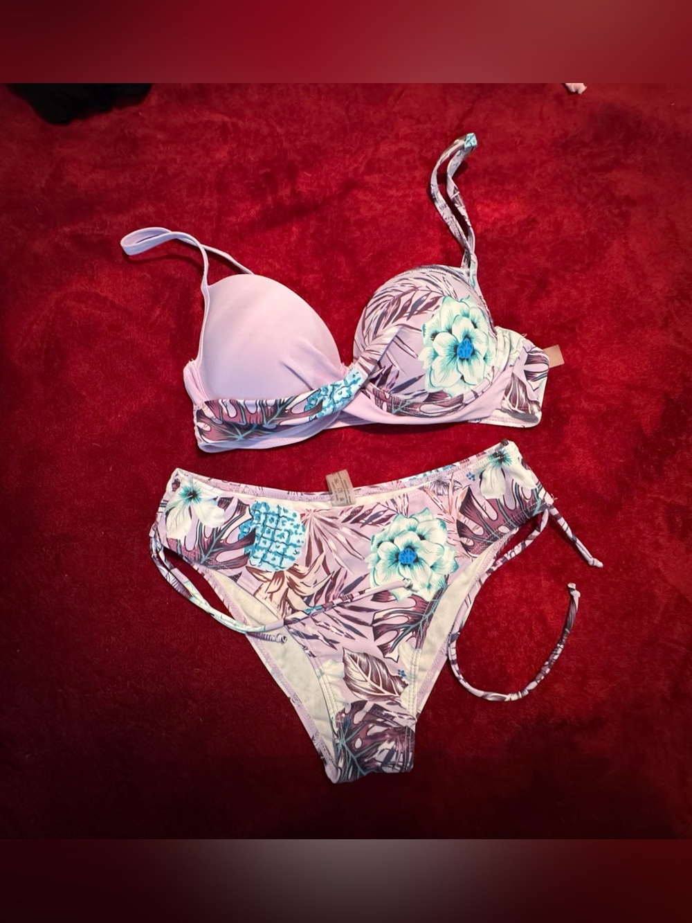 Pink Floral Underwire Bikini Set with Turquoise Accents - Women Swim